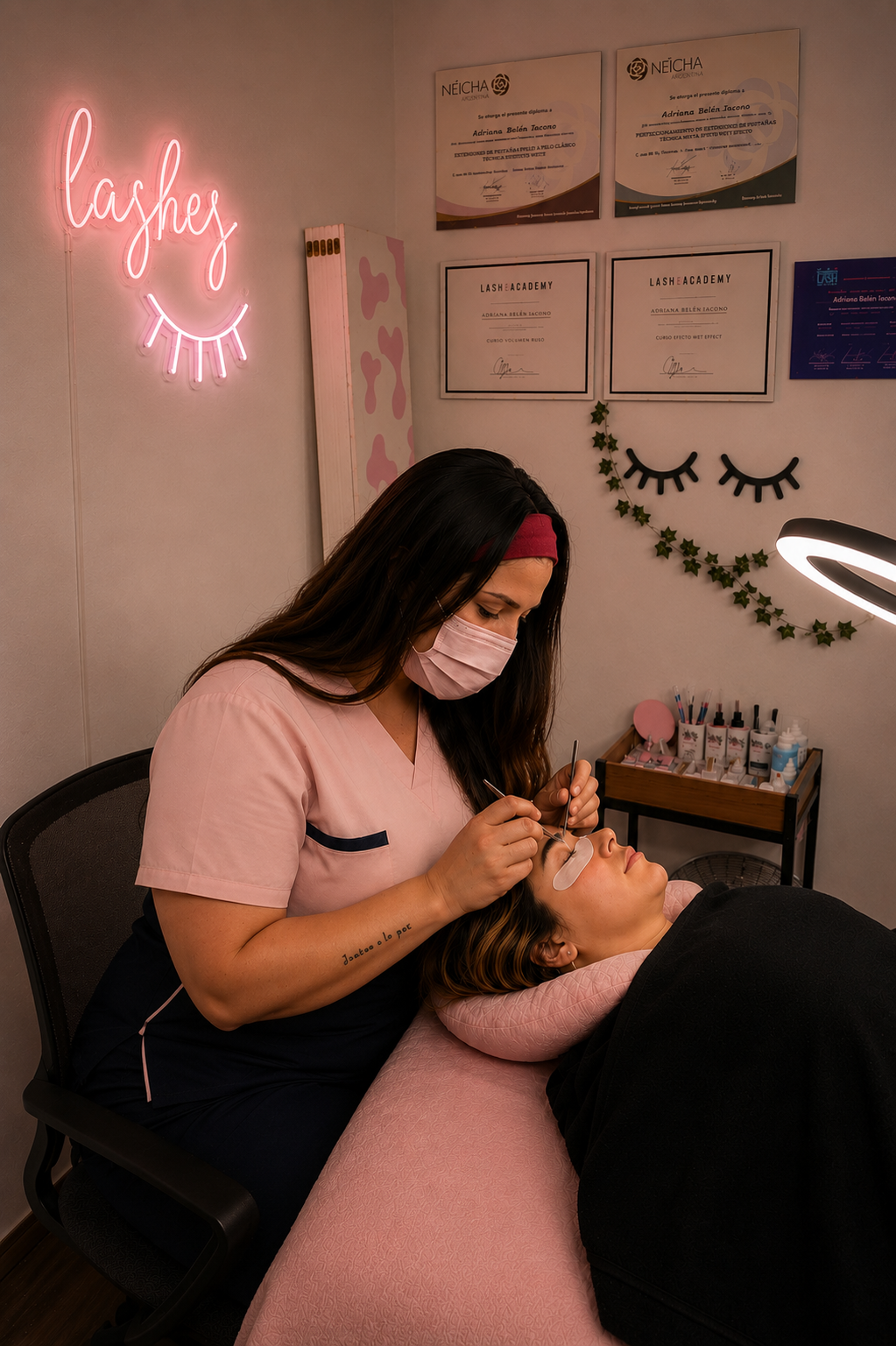Adriana realizando un servicio de extensiones de pestañas en su estudio